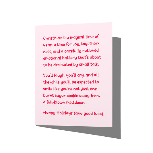 Funny holiday card with witty Christmas humor message on front, blank inside.