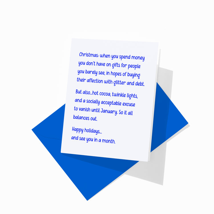 Funny Christmas greeting card with colorful envelope, gift receipts design.