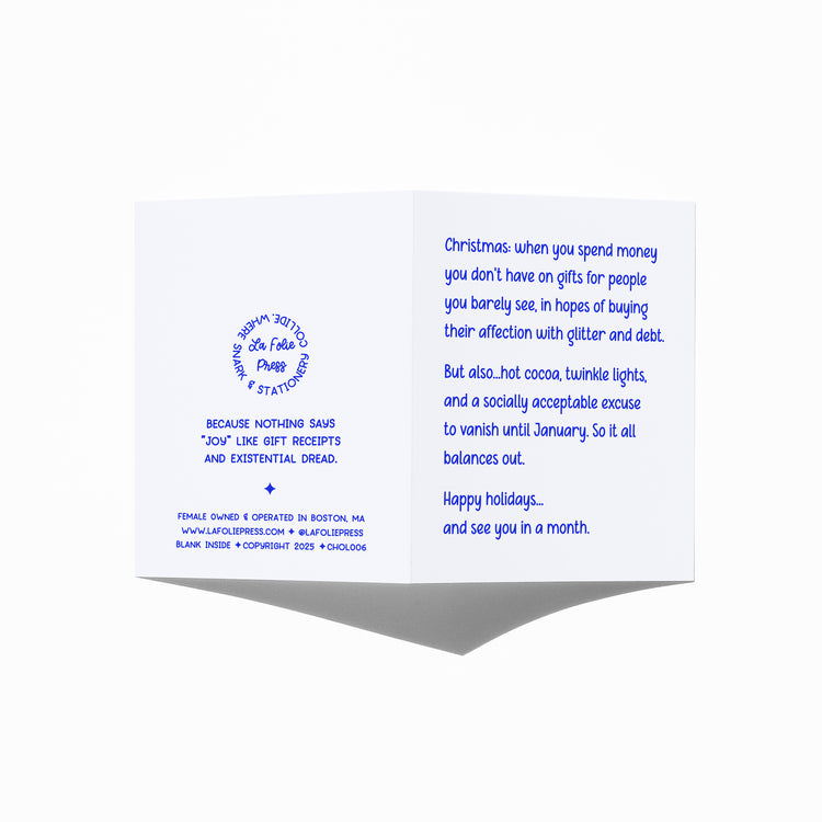 Funny holiday card showing front and back with extra punchline.
