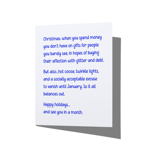 Funny holiday card with witty Christmas humor message on front, blank inside.