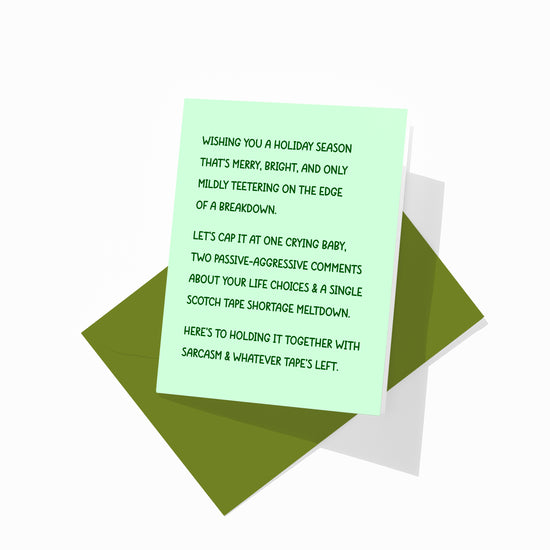 Funny Christmas greeting card with colorful envelope, tape shortage design.