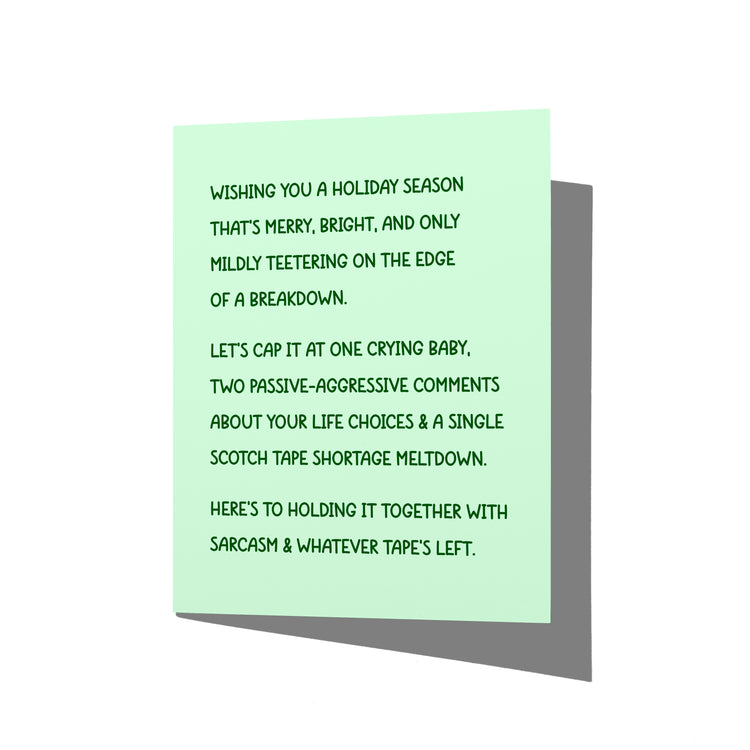 Funny holiday card with witty Scotch tape humor message on front, blank inside.