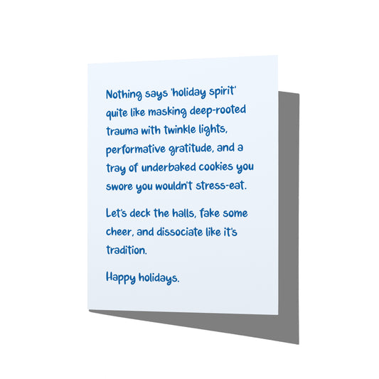 Funny holiday card with witty twinkle light and trauma humor message on front, blank inside.