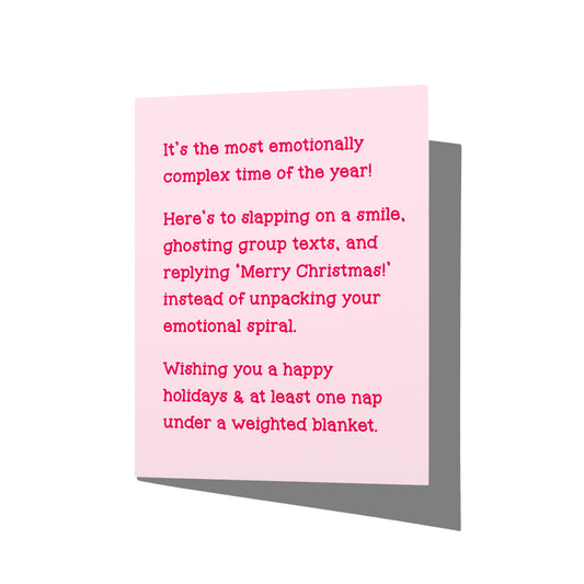 Funny holiday card with witty emotional detachment humor message on front, blank inside.