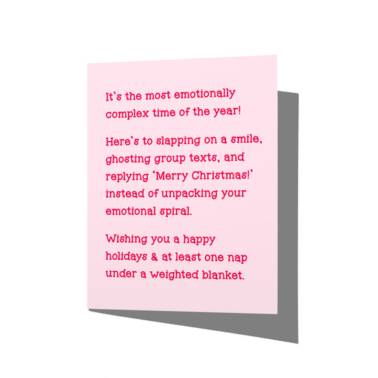 Funny holiday card with witty emotional detachment humor message on front, blank inside.