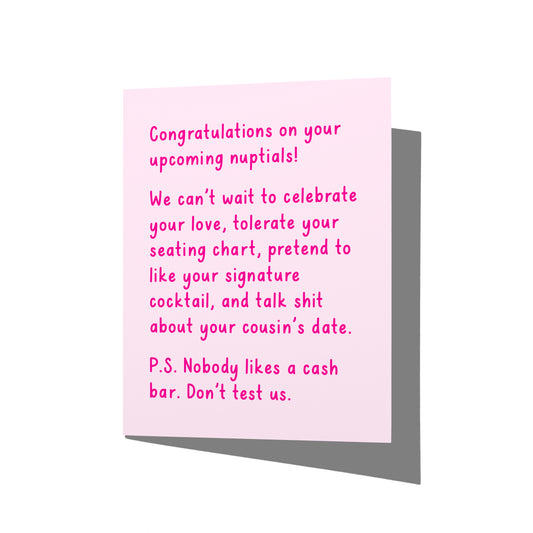 Funny wedding card with snarky congrats message on front, blank inside.