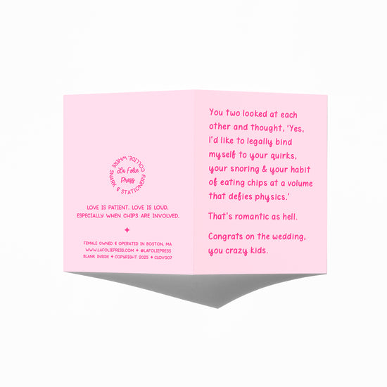 Funny wedding card showing front and back with extra punchline.