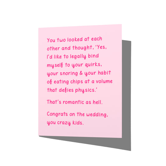Funny wedding card with snarky congrats message on front, blank inside.