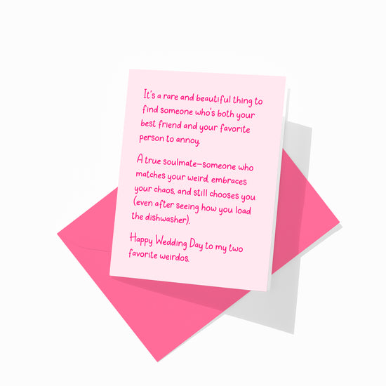 Funny wedding greeting card with colorful envelope, favorite weirdos design.