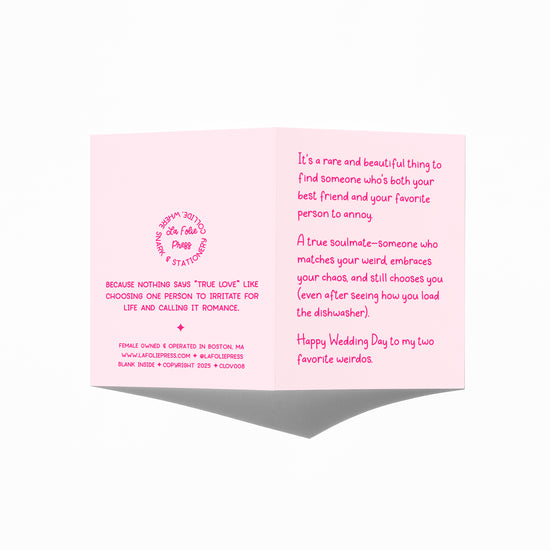 Funny wedding card showing front and back with extra punchline.
