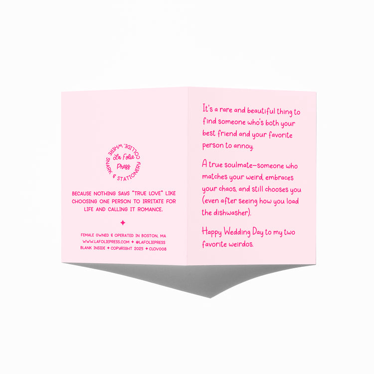 Funny wedding card showing front and back with extra punchline.
