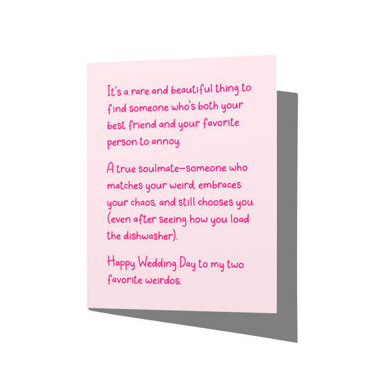 Funny wedding card with witty soulmate humor message on front, blank inside.