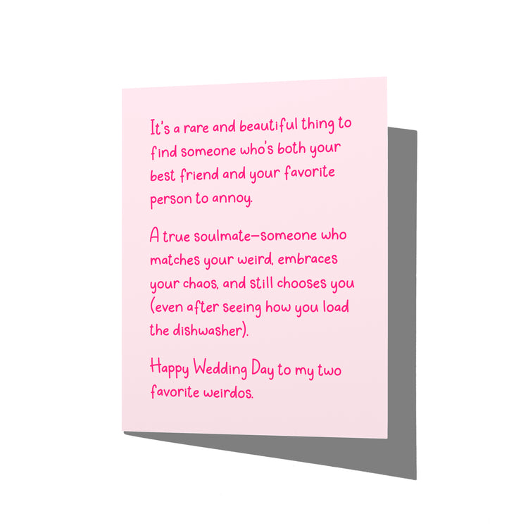 Funny wedding card with witty soulmate humor message on front, blank inside.