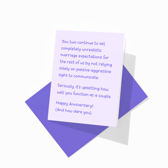 Funny anniversary greeting card with colorful envelope, functional couple design.