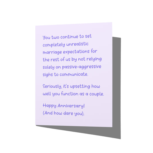Funny anniversary card with snarky marriage humor message on front, blank inside.