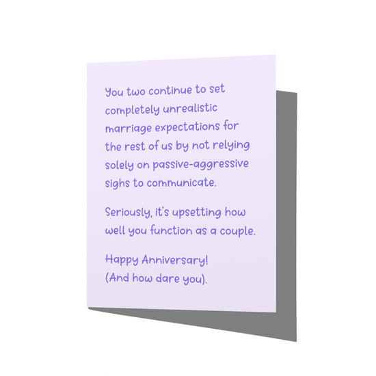 Funny anniversary card with snarky marriage humor message on front, blank inside.