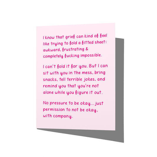 sympathy card with witty grief humor design on front, blank inside.