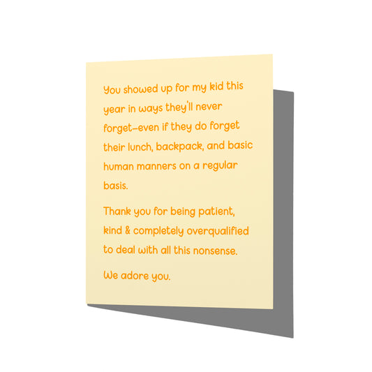 Front of funny teacher thank you card with tiny gremlins humor, no envelope.