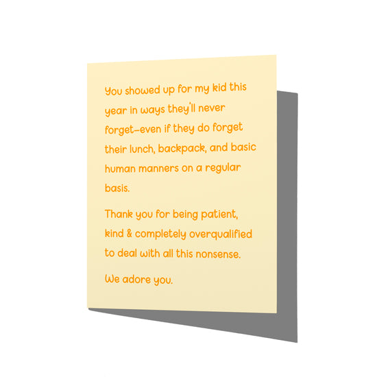 Front of funny teacher thank you card with tiny gremlins humor, no envelope.