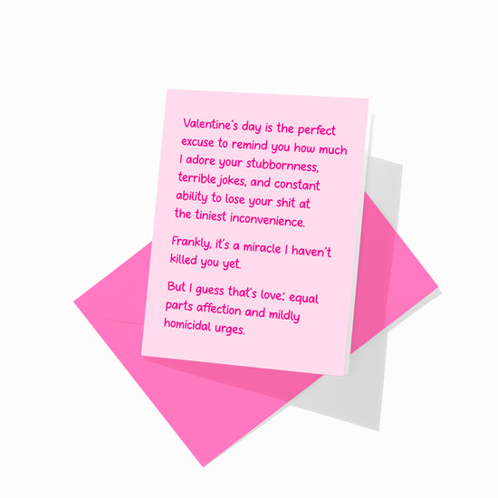 Funny Valentine’s greeting card with colorful envelope, snarky romantic design.