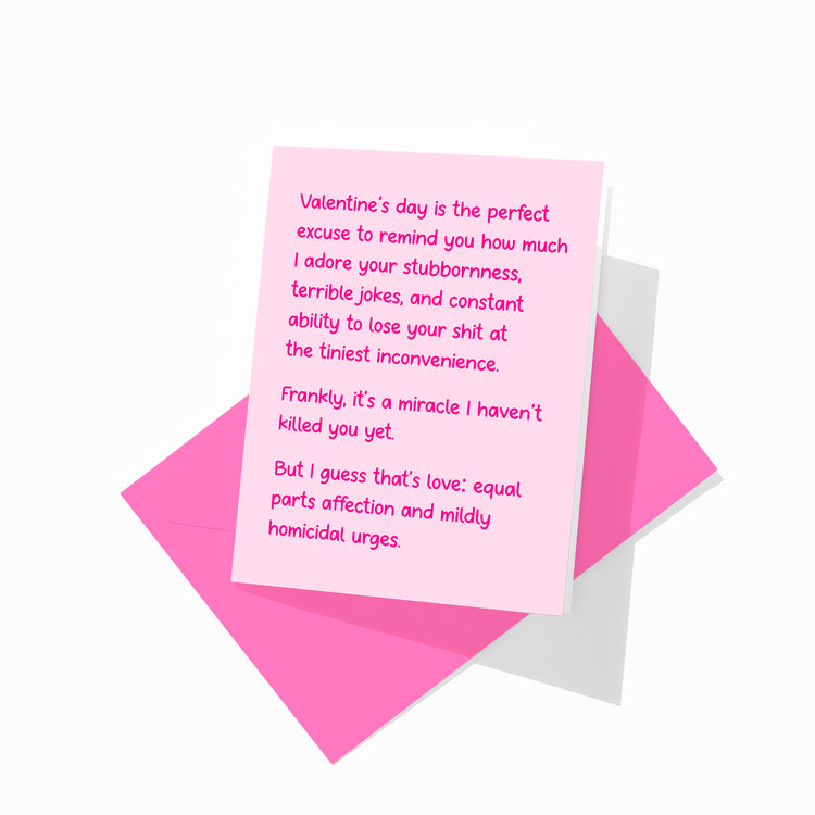 Funny Valentine’s greeting card with colorful envelope, snarky romantic design.