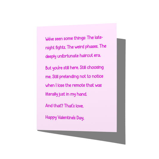 Funny Valentine’s Day card with witty romantic message on front, blank inside.