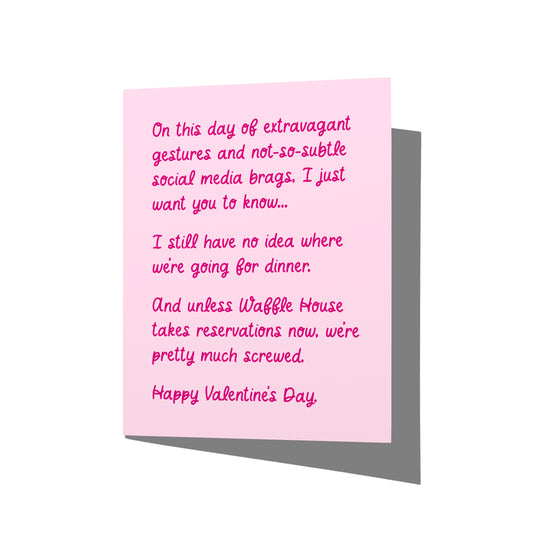Funny Valentine’s Day card with witty dinner plans humor message on front, blank inside.