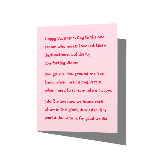 Funny Valentine’s Day card with witty sitcom love humor message on front, blank inside.