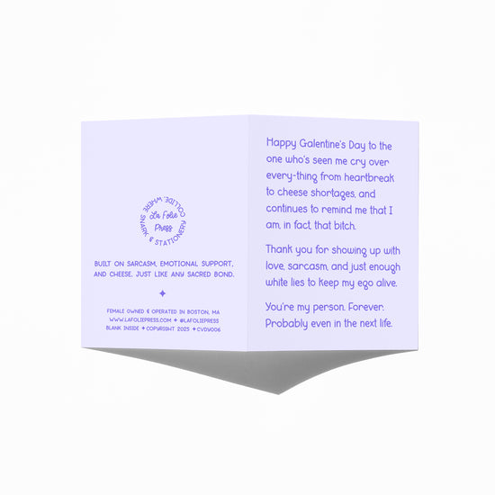 Funny Galentine’s card showing front and back with extra punchline.