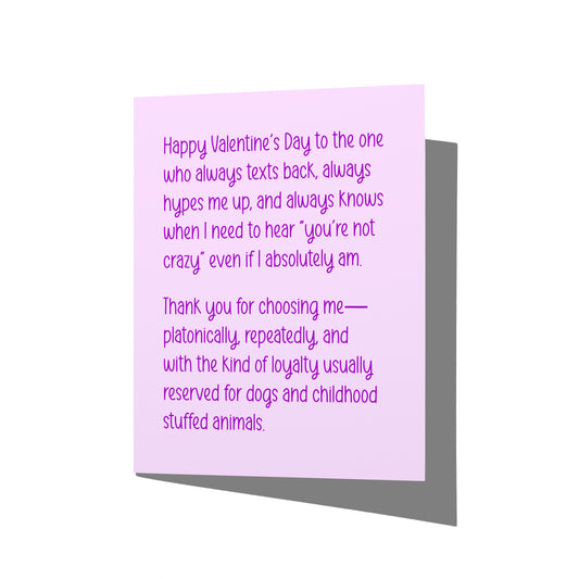 Funny platonic Valentine’s Day card with witty best friend humor message on front, blank inside.
