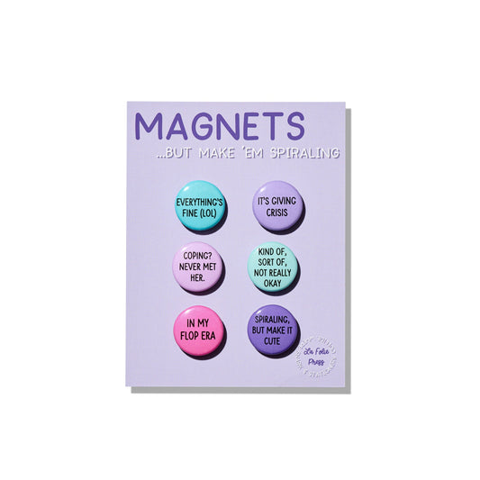 Spiraling Magnet Set with six colorful one-inch magnets on backing card