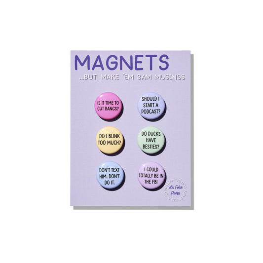 3AM Musings Magnet Set with six colorful one-inch button magnets on backing card