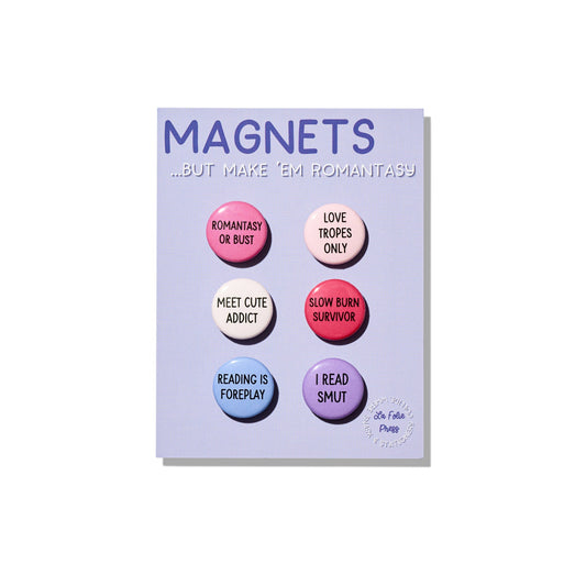 Romantasy magnet set displayed on a purple backing card with six glossy one-inch button magnets featuring funny romance book phrases.