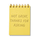 Yellow letterpress mini jotter with gold text “Not Great, Thanks for Asking” and spiral binding.
