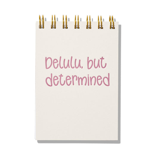 Mini jotter with pink letterpress text “Delulu, but Determined” and gold spiral binding.
