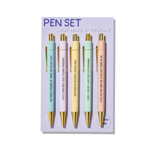 Funny profanity-themed pens with black ink and sarcastic quotes, stationery set for adults.
