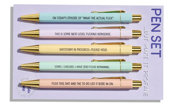 Profane pen set with five pastel ballpoint pens featuring funny swear word quotes on a backing card.
