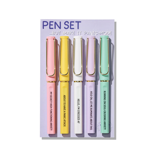 Panic Mode gel pen set with five pastel pens featuring funny anxiety quotes on a backing card.

