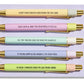 DSM-Chic pen set with five pastel pens featuring funny mental health quotes on a backing card.