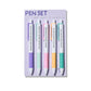 Adulting pen set with five pastel click pens featuring funny quotes about growing up, on backing card.