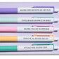 Adulting pen set with five pastel click pens featuring funny quotes about growing up, on backing card.