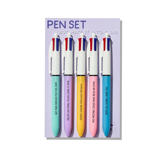 Set of five multi-color pens with funny workplace quotes, packaged on branded backing card.