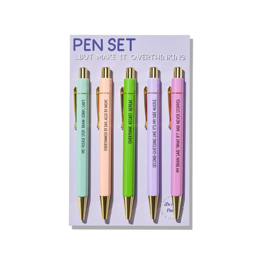 Set of five pastel pens with gold accents, each printed with funny overthinking quotes, on branded backing card.