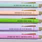 Funny pastel click pens with gold details and humorous overthinking quotes, packaged on backing card in cello sleeve.