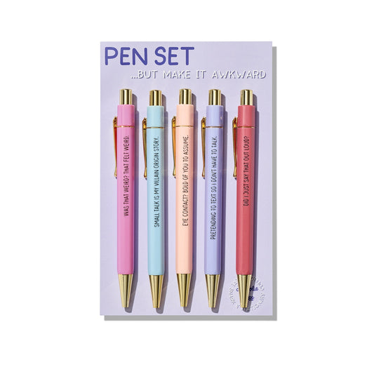 Awkward Pen Set with 5 pastel ballpoint pens and gold accents featuring funny introvert quotes