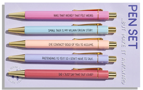 Awkward Pen Set with 5 pastel ballpoint pens and gold accents featuring funny introvert quotes