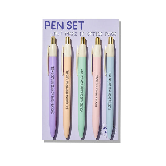 Set of five pastel ballpoint pens with gold accents, printed with snarky office rage quotes