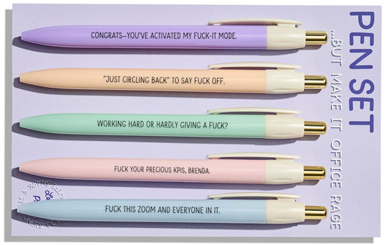 Office Rage pen set — 5 pastel pens with black ink and workplace humor
