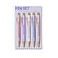 Romantasy pen set of 5 ballpoint pens with funny bookish quotes, displayed on a purple backing card with gold accents.