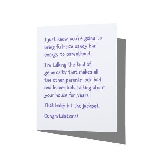 Funny new baby card with witty congratulations message on front, blank inside.
